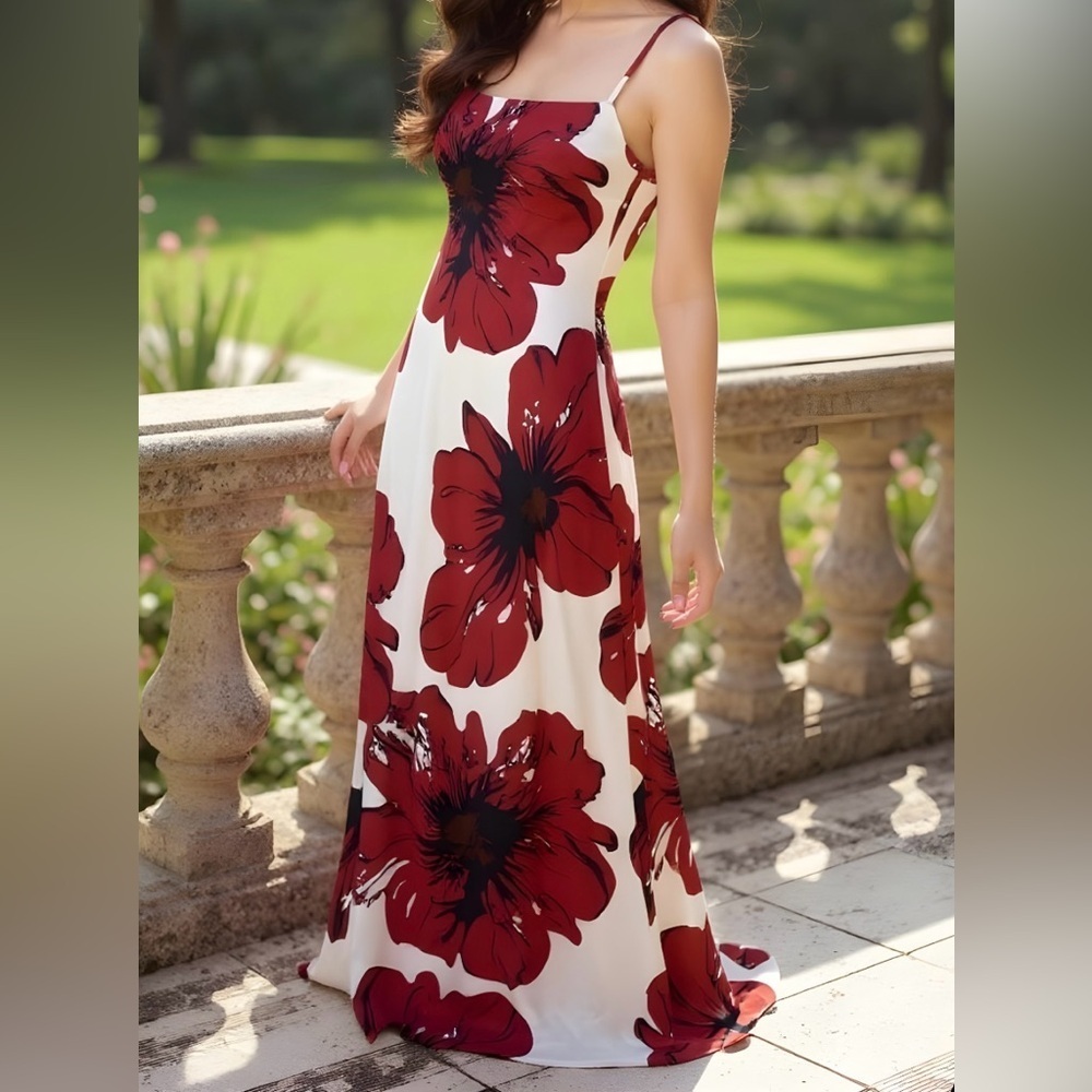 Roxanne Classy Floral Print Chiffon Plunging Backless Backline Casual Maxi Dress